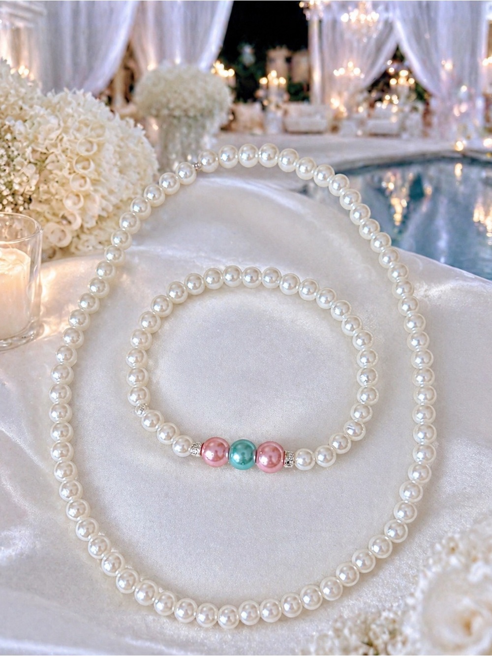 Elegant Pearl Necklace & Bracelet Set | White Party Glam 9”